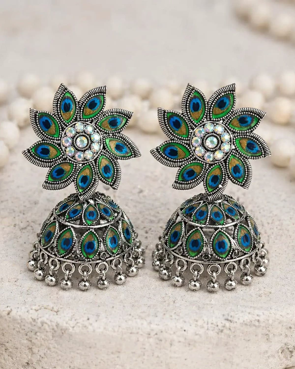 Women Premium Peacock Design Oxidised Silver Jhumka Earrings