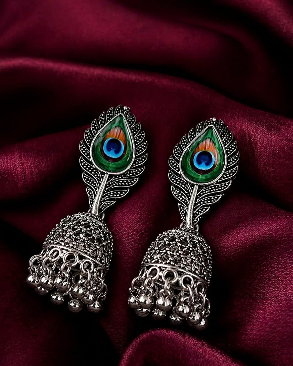 Peacock Feather Oxidised Silver Jhumka Earrings