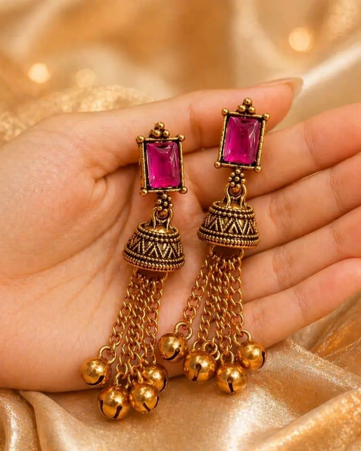 Kashmiri Style Pink Stone Long Jhumka Earrings for Women & Girls