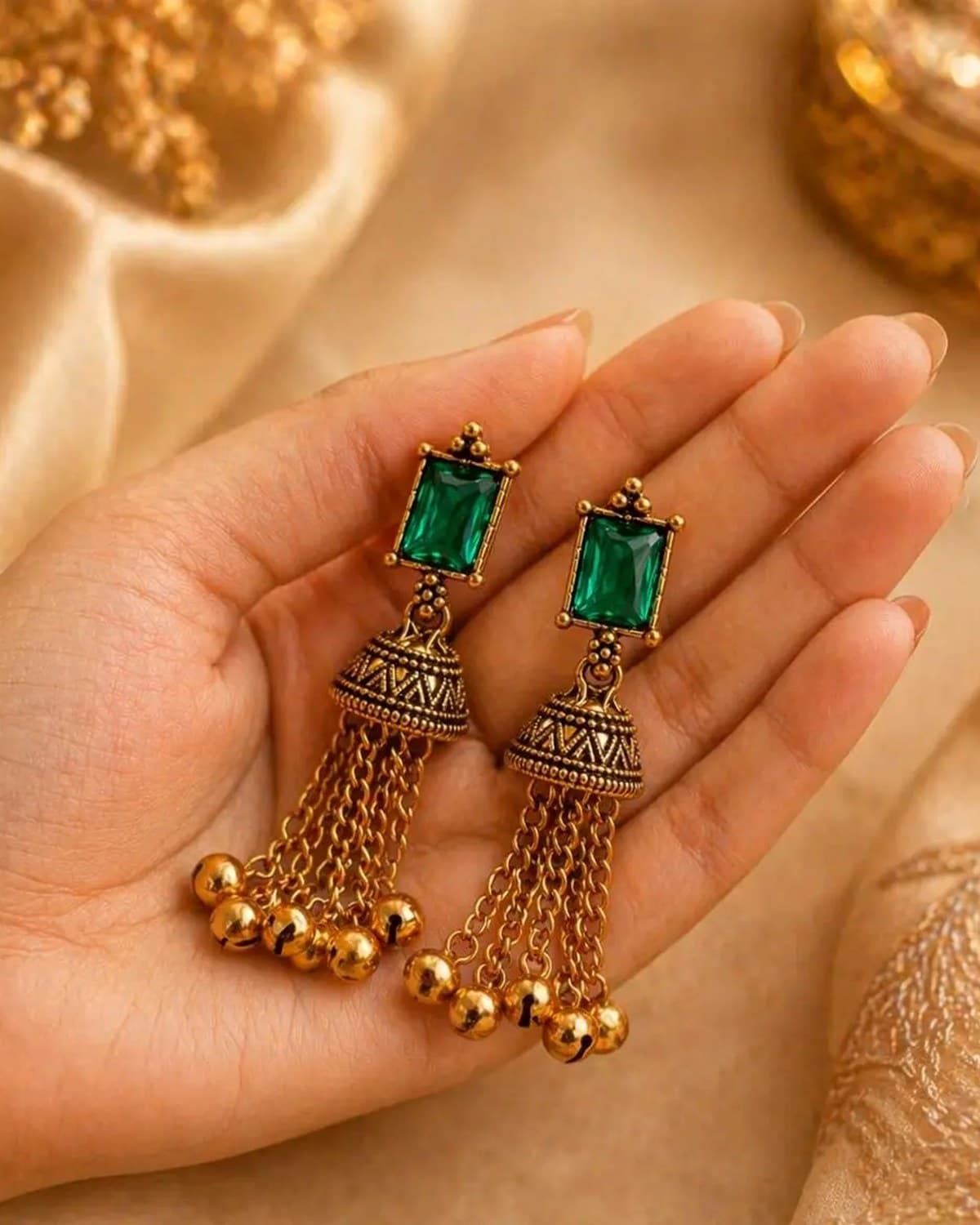 Kashmiri Style Green Stone Long Jhumka Earrings for Women & Girls