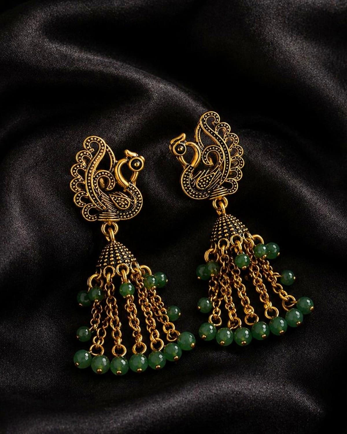 Stylish Peacock Design Gold-Plated Beaded Chain Drop Earrings for Women & Girls