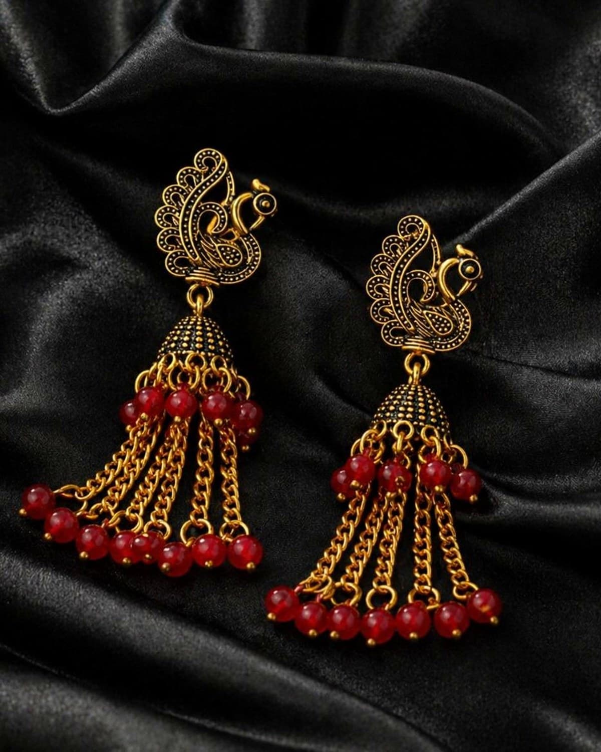 Stylish Peacock Design Gold-Plated Beaded Chain Drop Earrings for Women & Girls