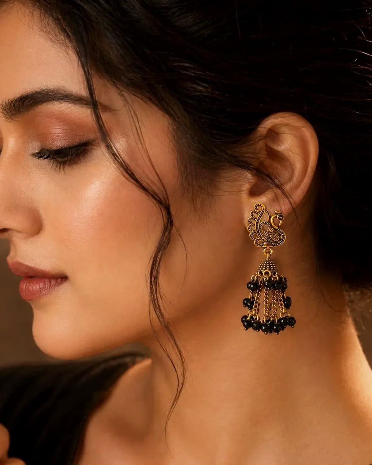 Stylish Peacock Design Gold-Plated Beaded Chain Drop Earrings for Women & Girls
