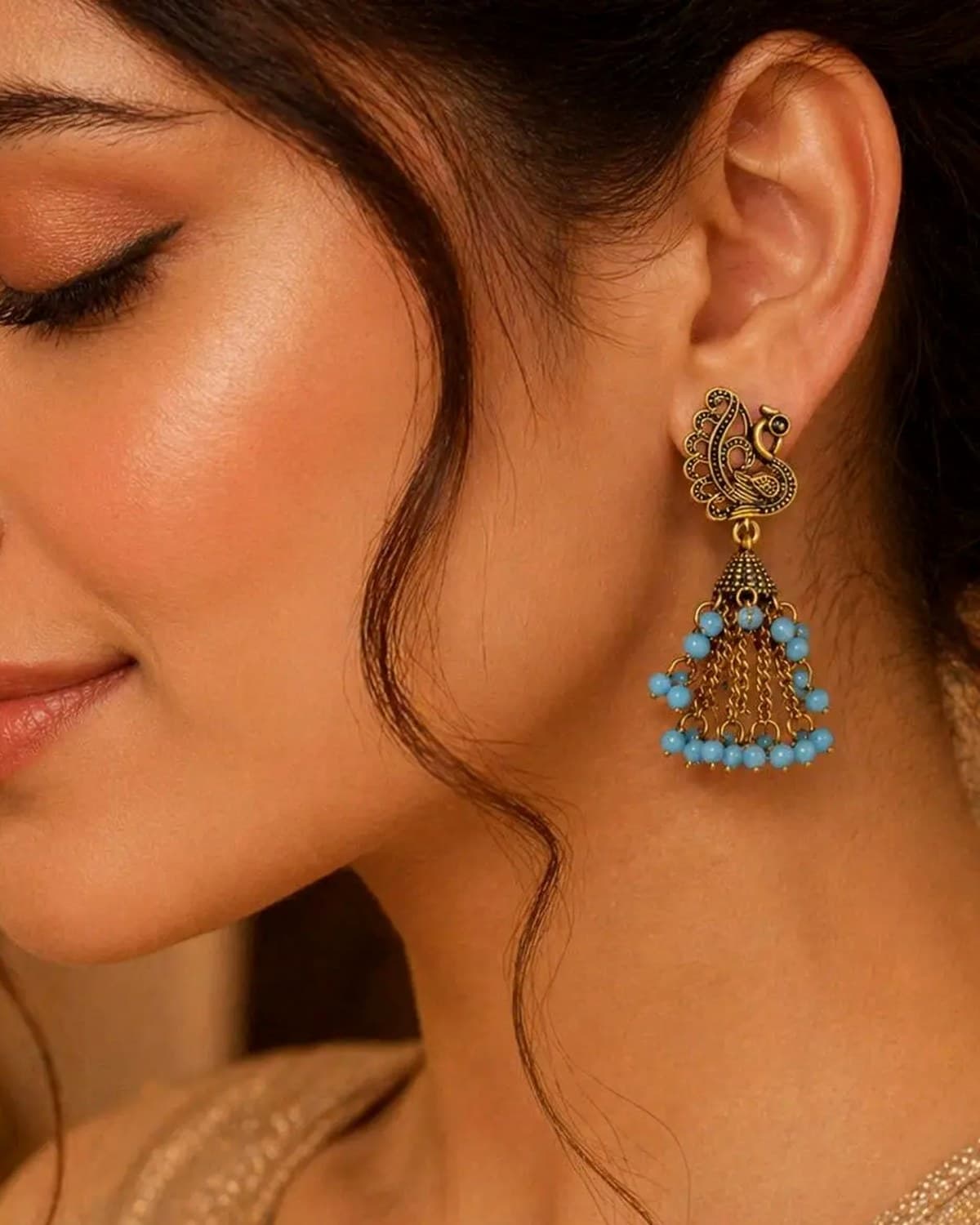 Stylish Peacock Design Gold-Plated Beaded Chain Drop Earrings for Women & Girls