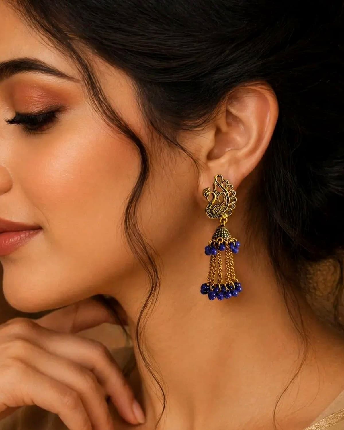 Stylish Peacock Design Gold-Plated Beaded Chain Drop Earrings for Women & Girls