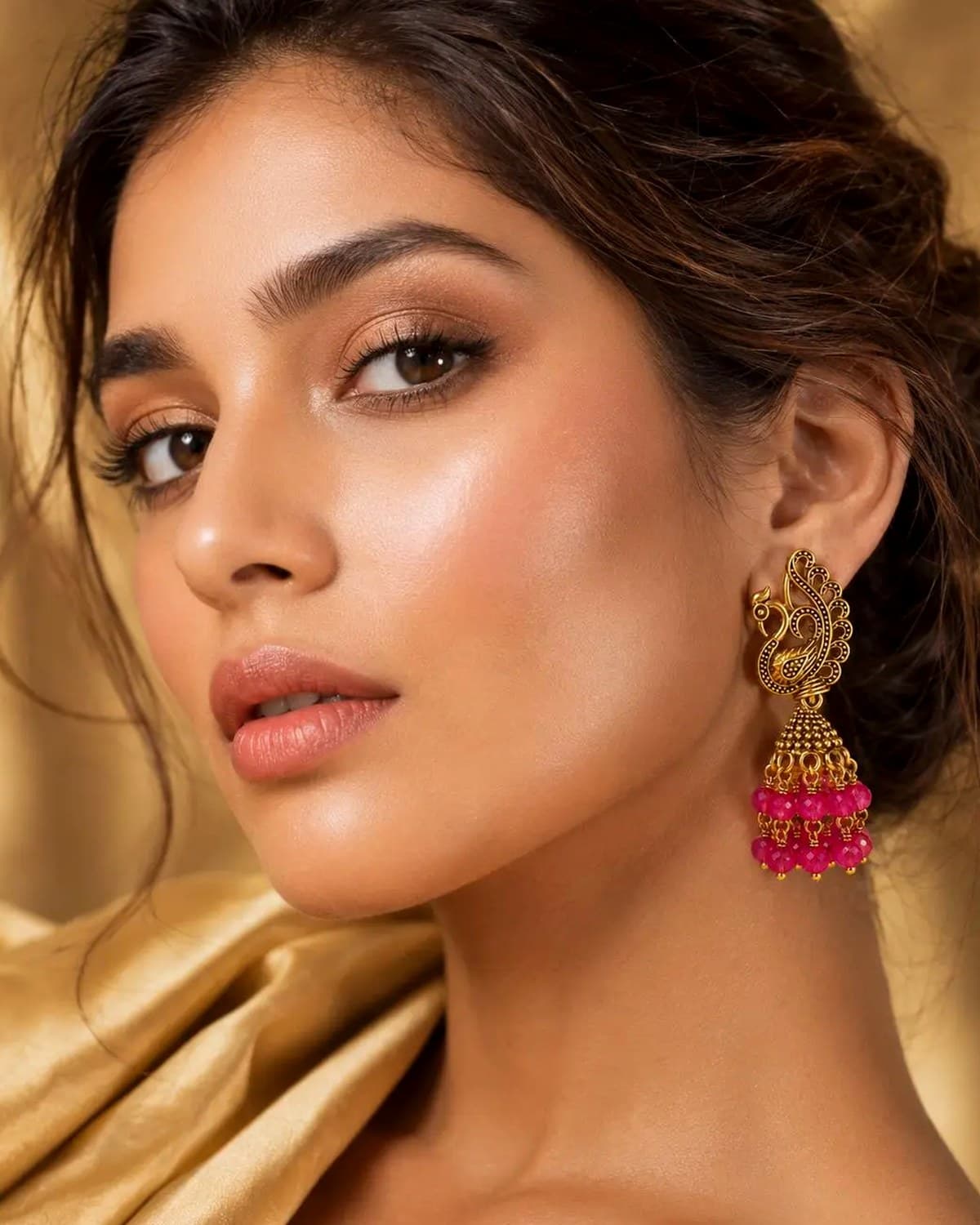 Peacock Design Gold Plated Beaded Chain Drop Earrings for Women & Girls | Ethnic Party Wear Earrings