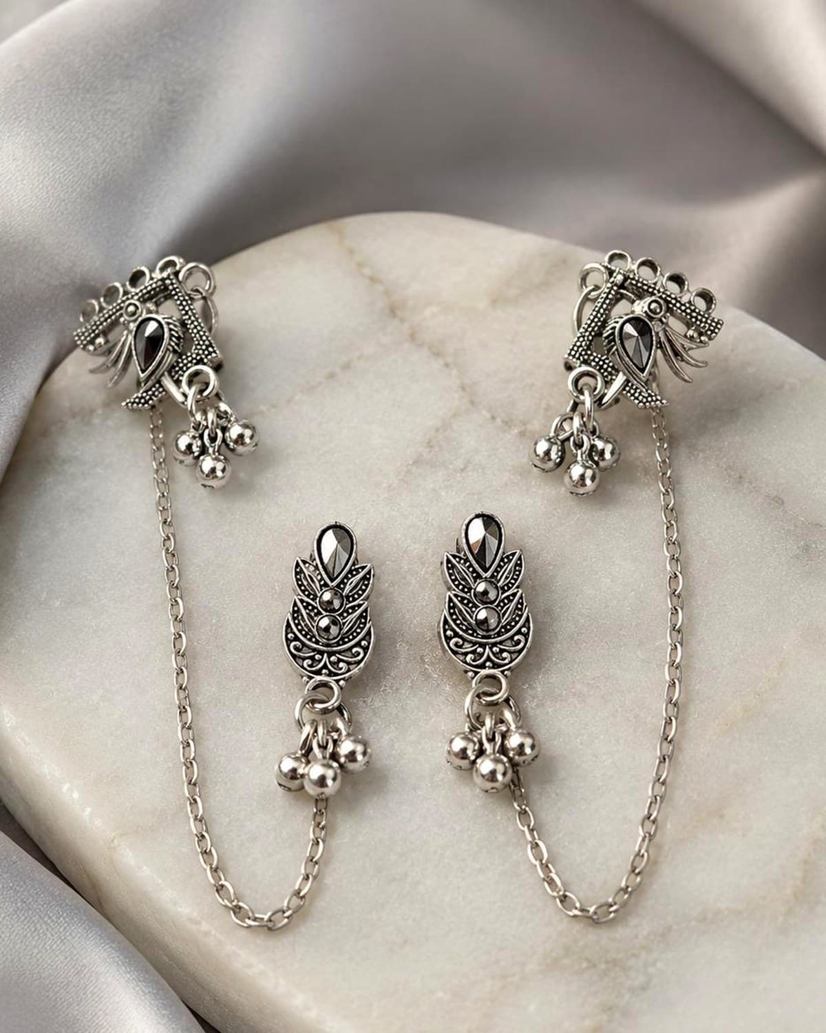 Silver Oxidised Ear Cuff Chain Earrings for Women