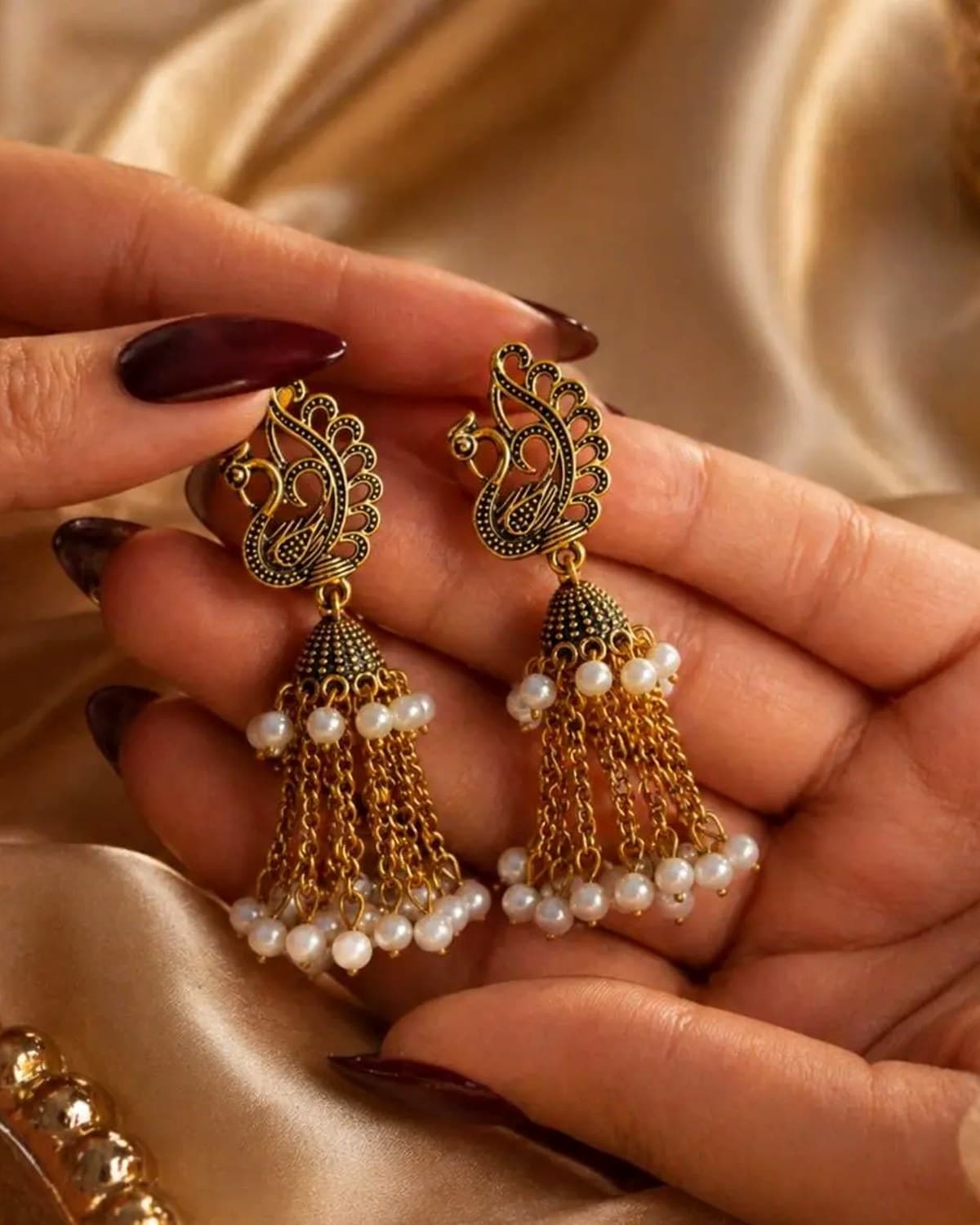 Stylish Peacock Design Gold-Plated Beaded Chain Drop Earrings for Women & Girls