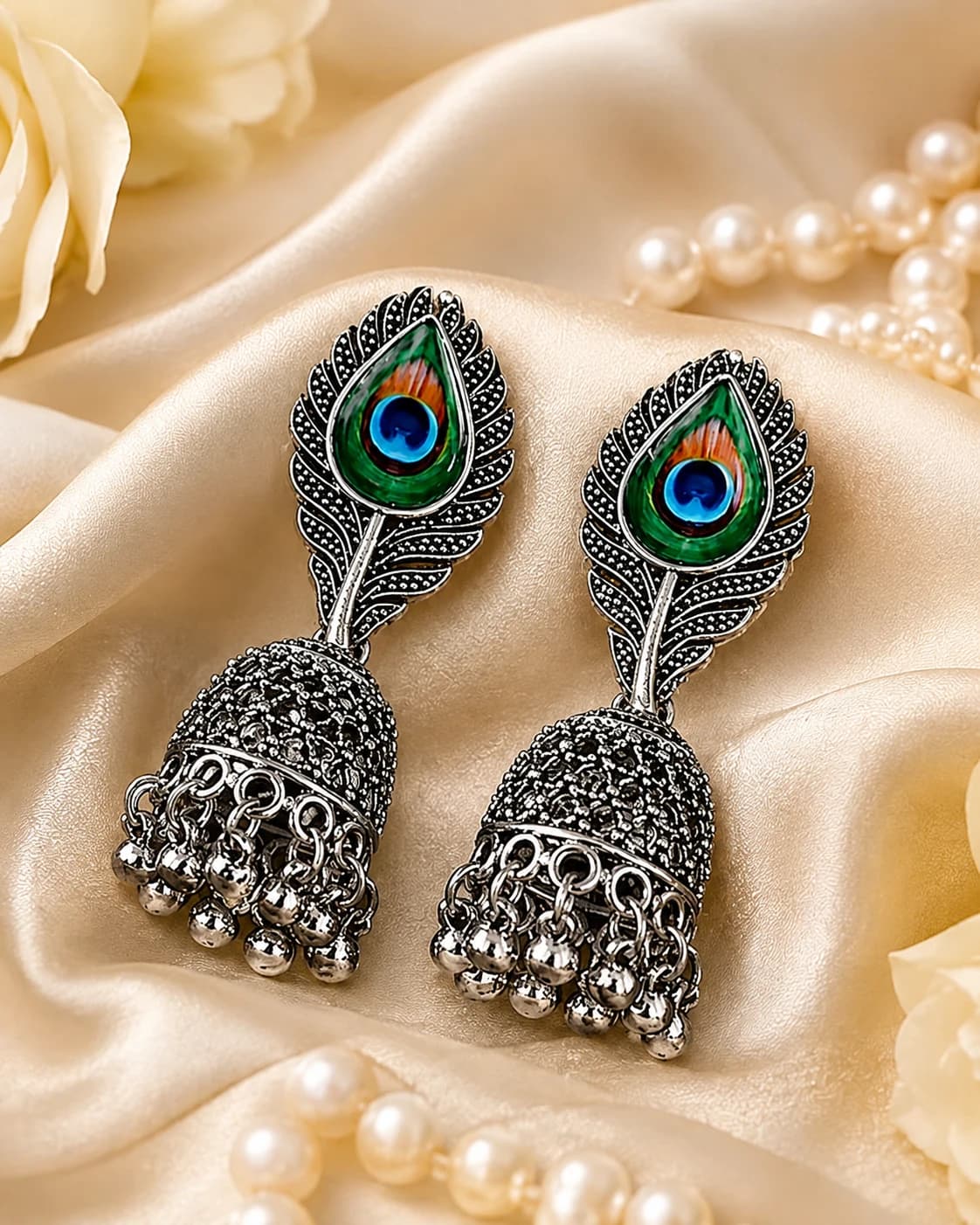 Peacock Feather Oxidised Silver Jhumka Earrings