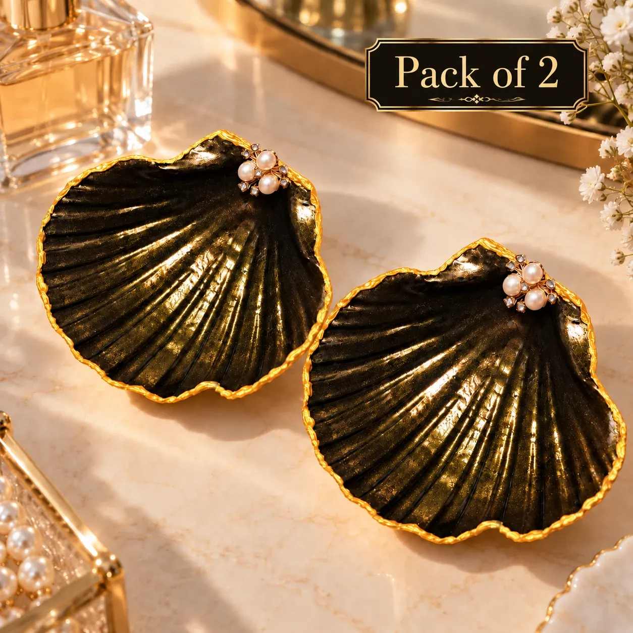 Hand-Gilded Seashell Trinket Tray – Olive Black | Pack of 2