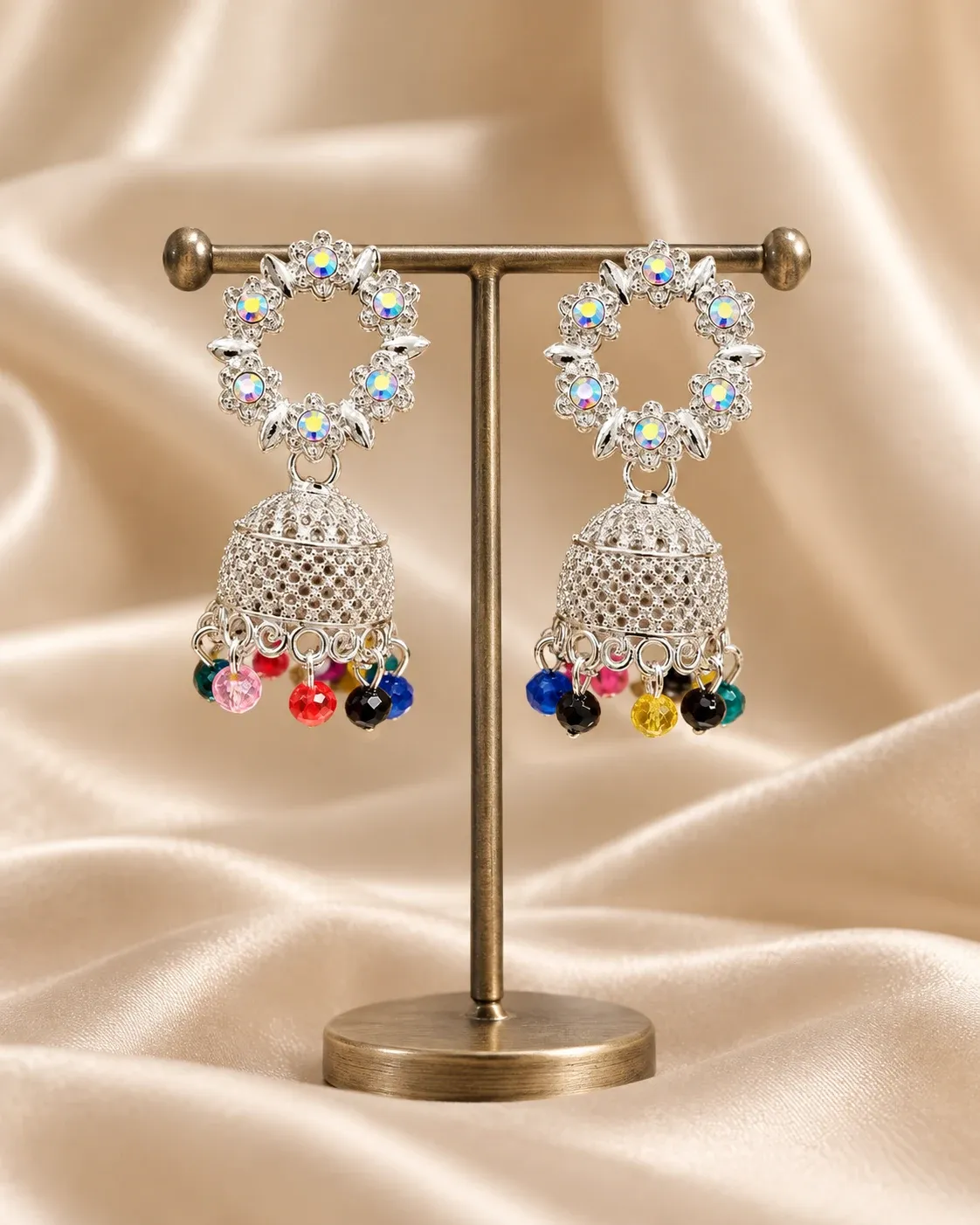 Silver Floral Jhumka Earrings for Women & Girls | Multicolor Beaded Party Wear Ethnic Earrings