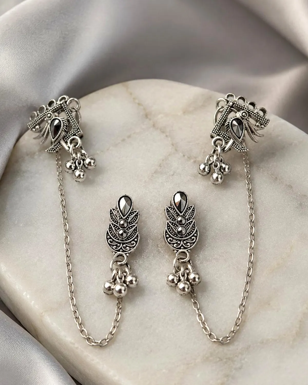 Silver Oxidised Ear Cuff Chain Earrings for Women