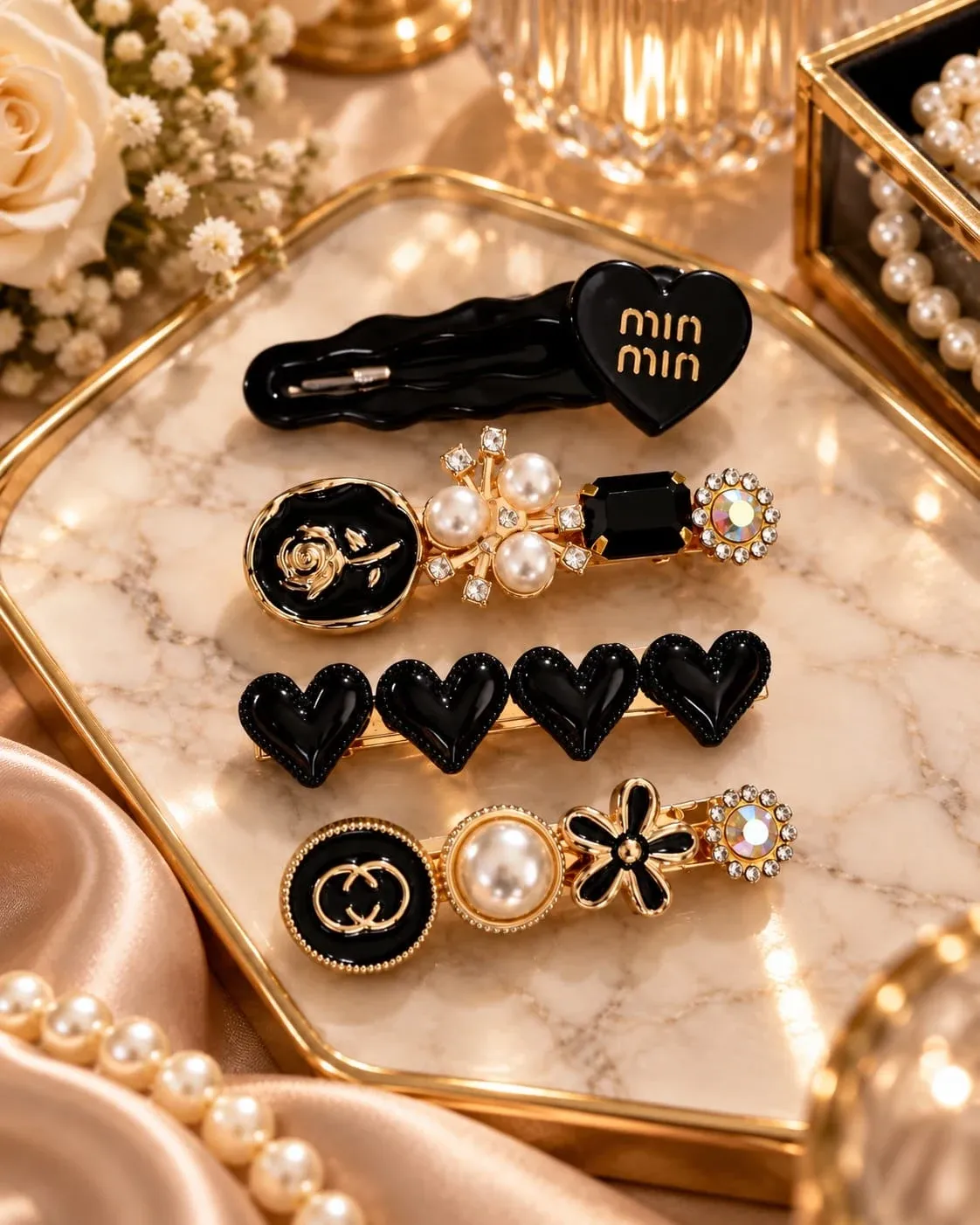Premium Black Gold Pearl Hair Clip Set for Women & Girls
