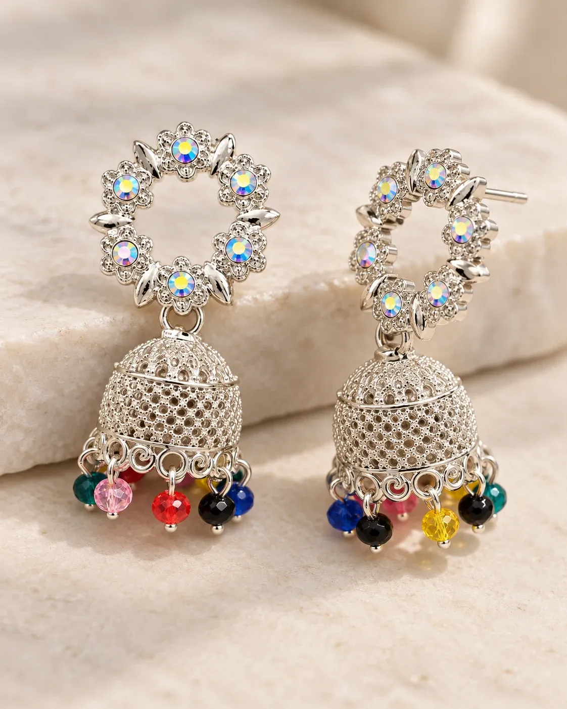 Silver Floral Jhumka Earrings for Women & Girls | Multicolor Beaded Party Wear Ethnic Earrings