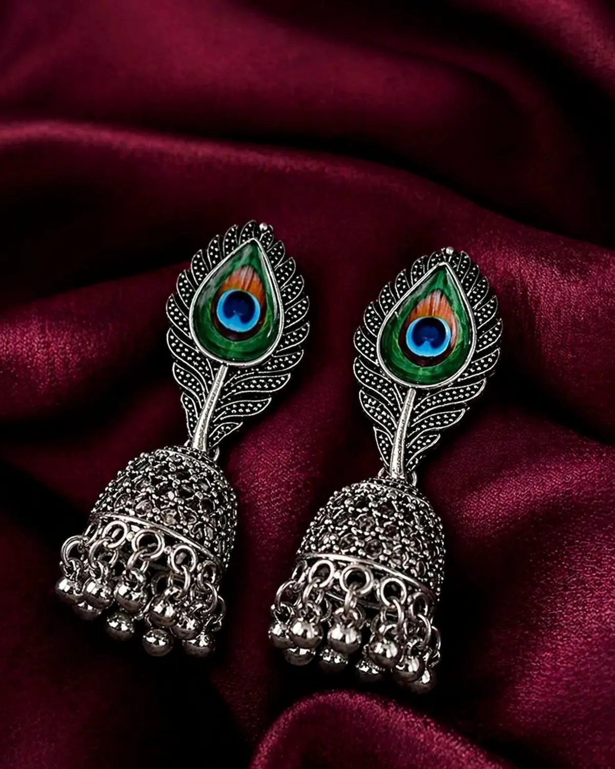 Peacock Feather Oxidised Silver Jhumka Earrings