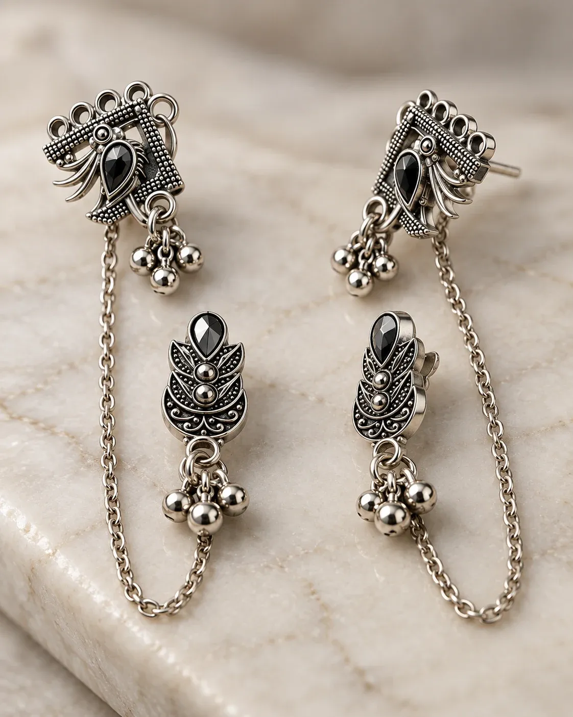 Silver Oxidised Ear Cuff Chain Earrings for Women