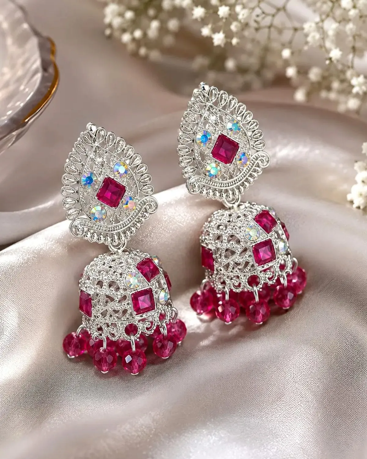 Premium Pink Stone Oxidised Jhumka Earrings for Women & Girls | Ethnic Festive Wear Earrings