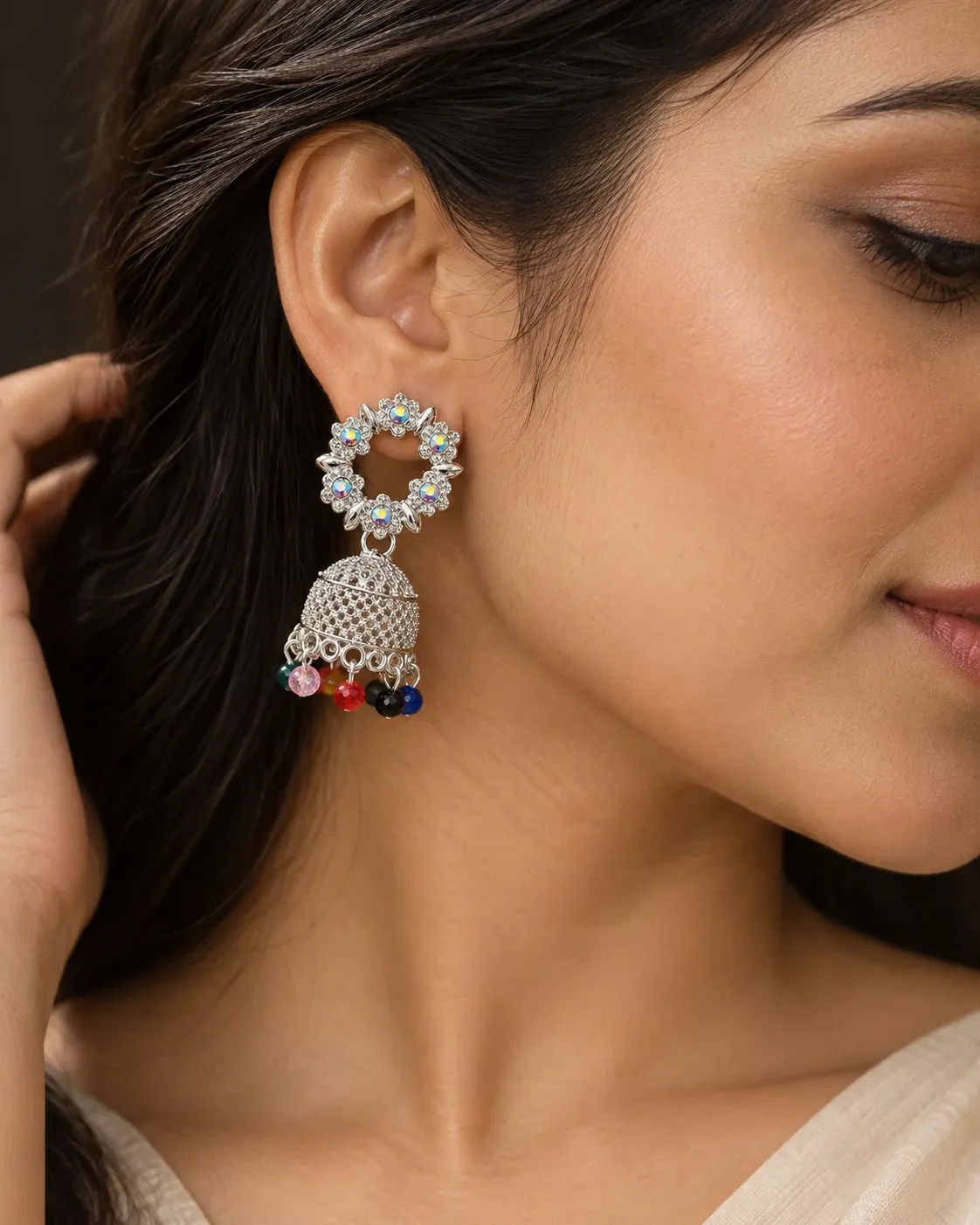 Silver Floral Jhumka Earrings for Women & Girls | Multicolor Beaded Party Wear Ethnic Earrings