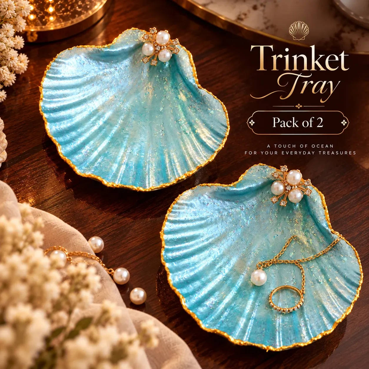 Ocean Blue Seashell Trinket Tray – Pack of 2