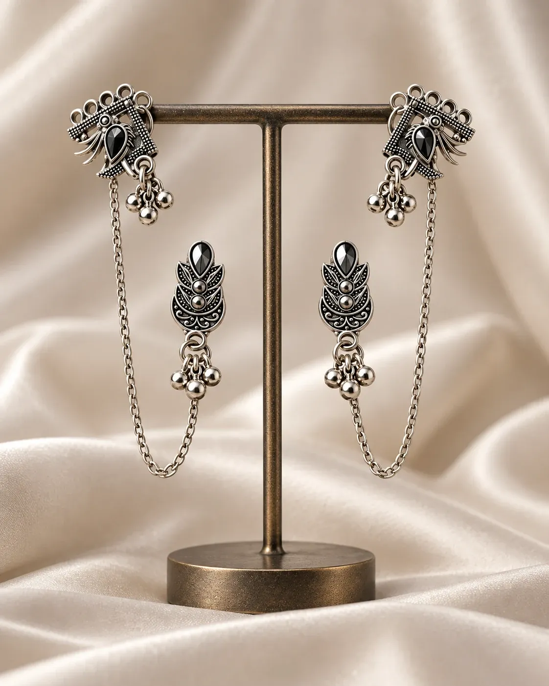 Silver Oxidised Ear Cuff Chain Earrings for Women