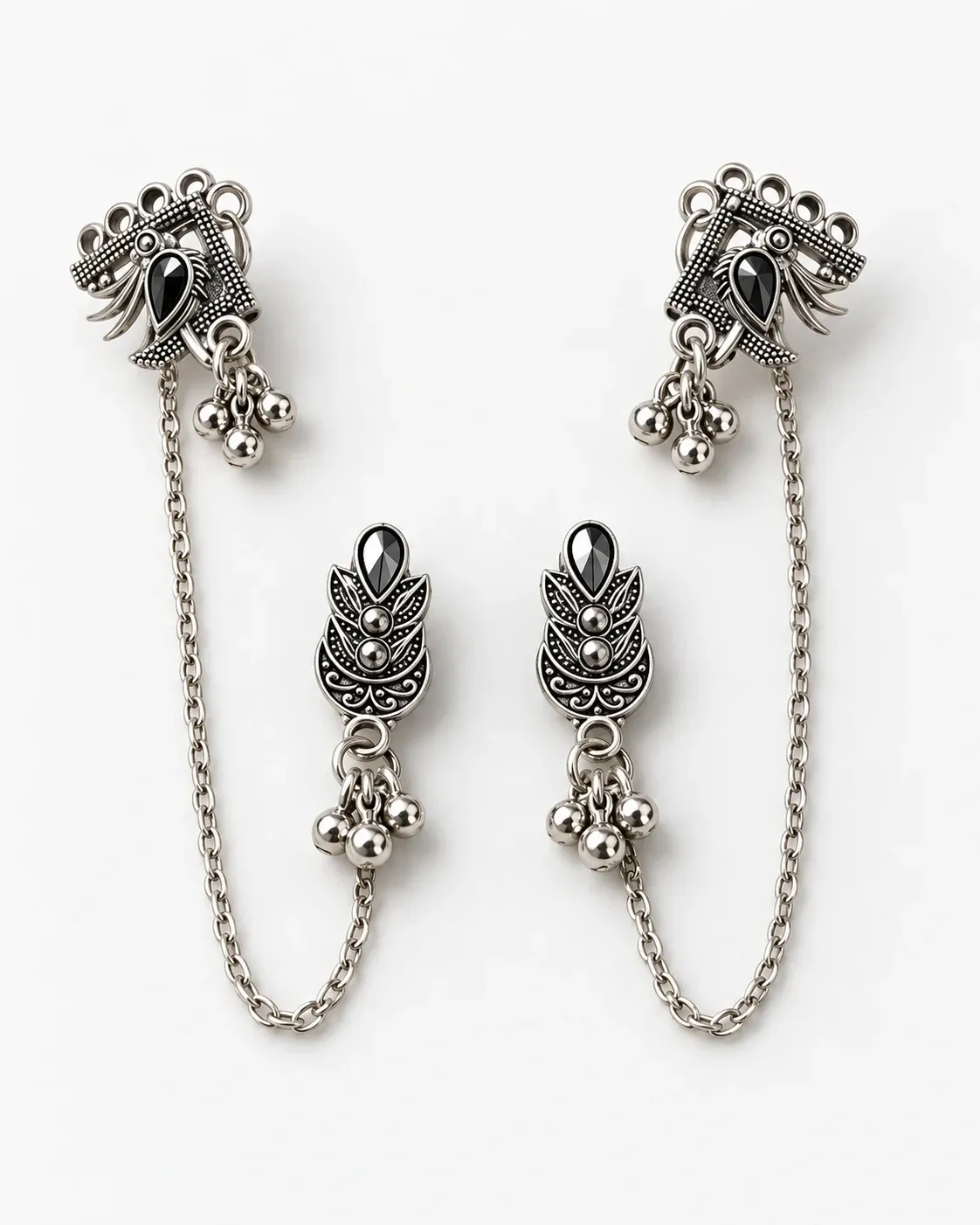 Silver Oxidised Ear Cuff Chain Earrings for Women