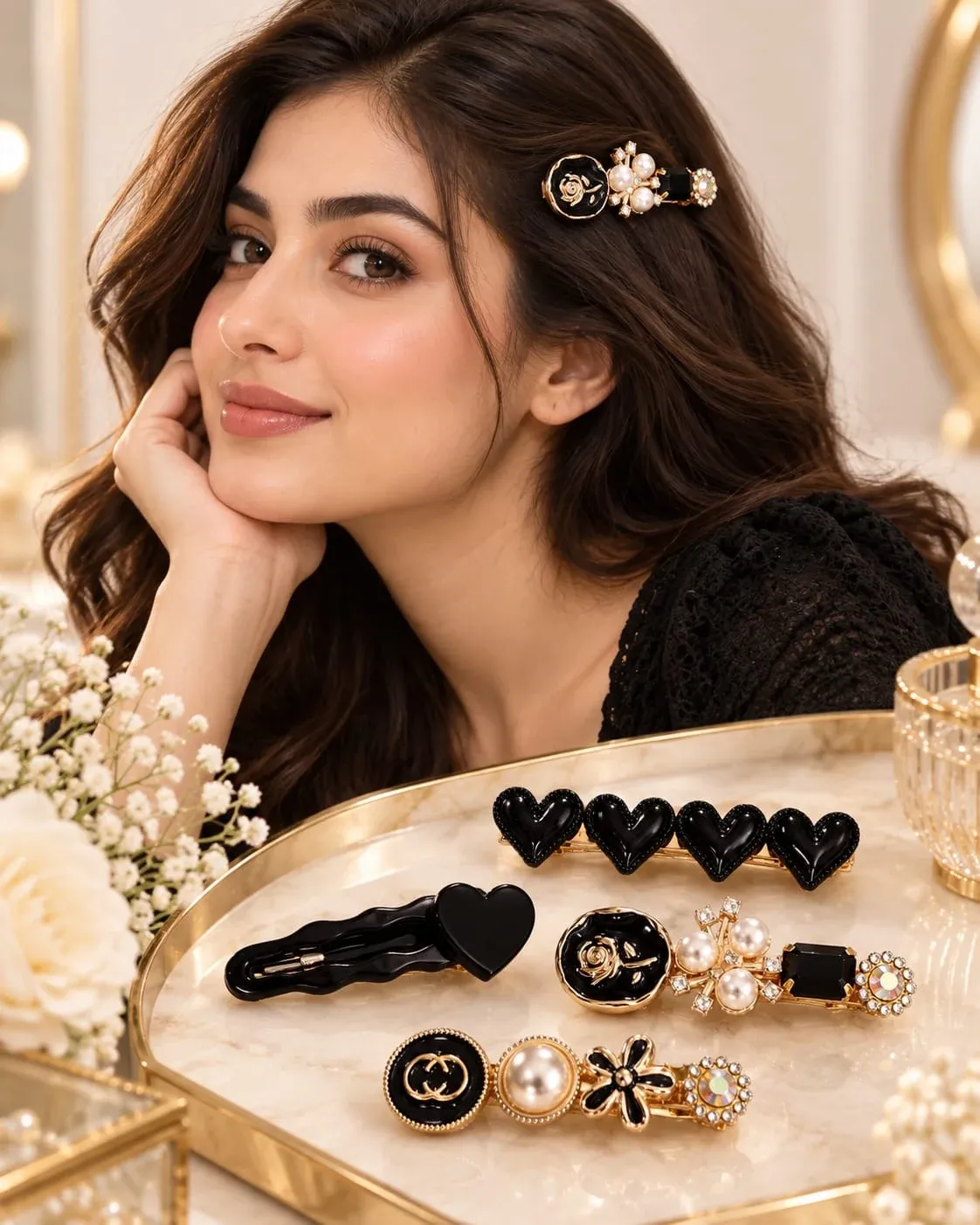 Premium Black Gold Pearl Hair Clip Set for Women & Girls