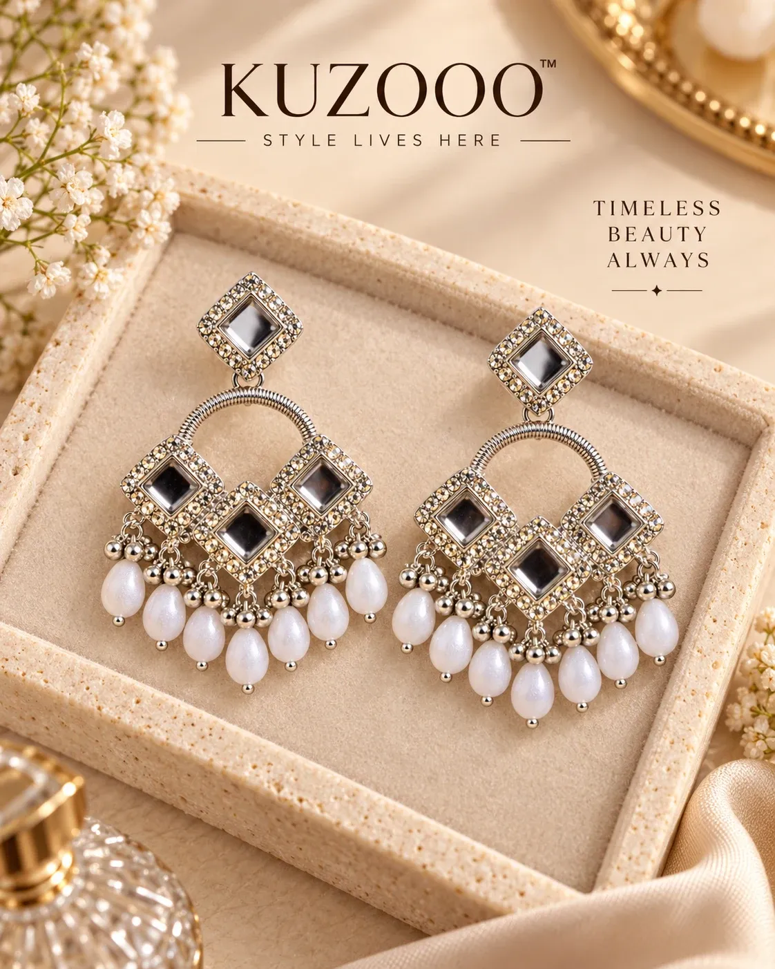 Premium Silver Plated Stone Studded Pearl Chandbali Earrings
