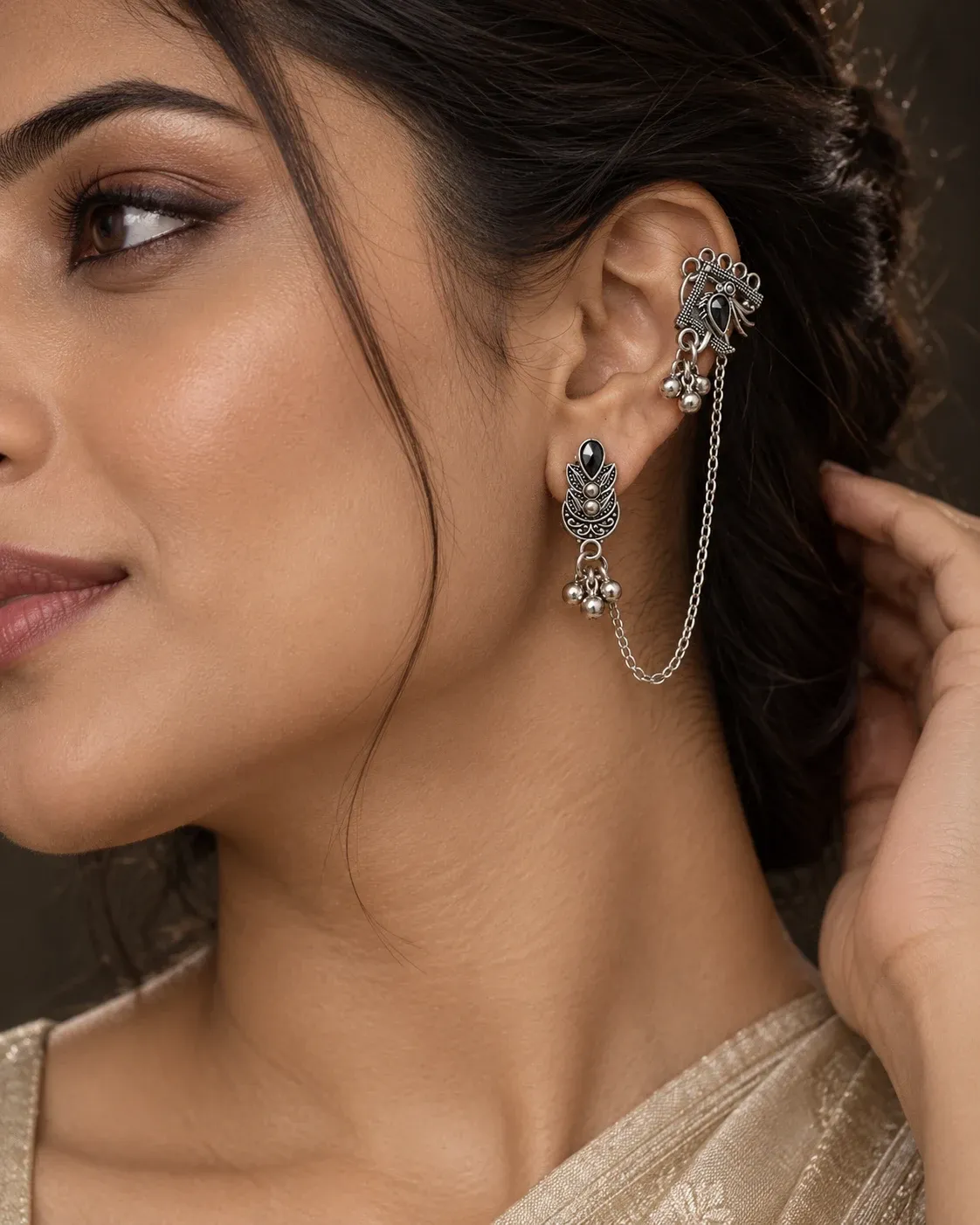 Silver Oxidised Ear Cuff Chain Earrings for Women