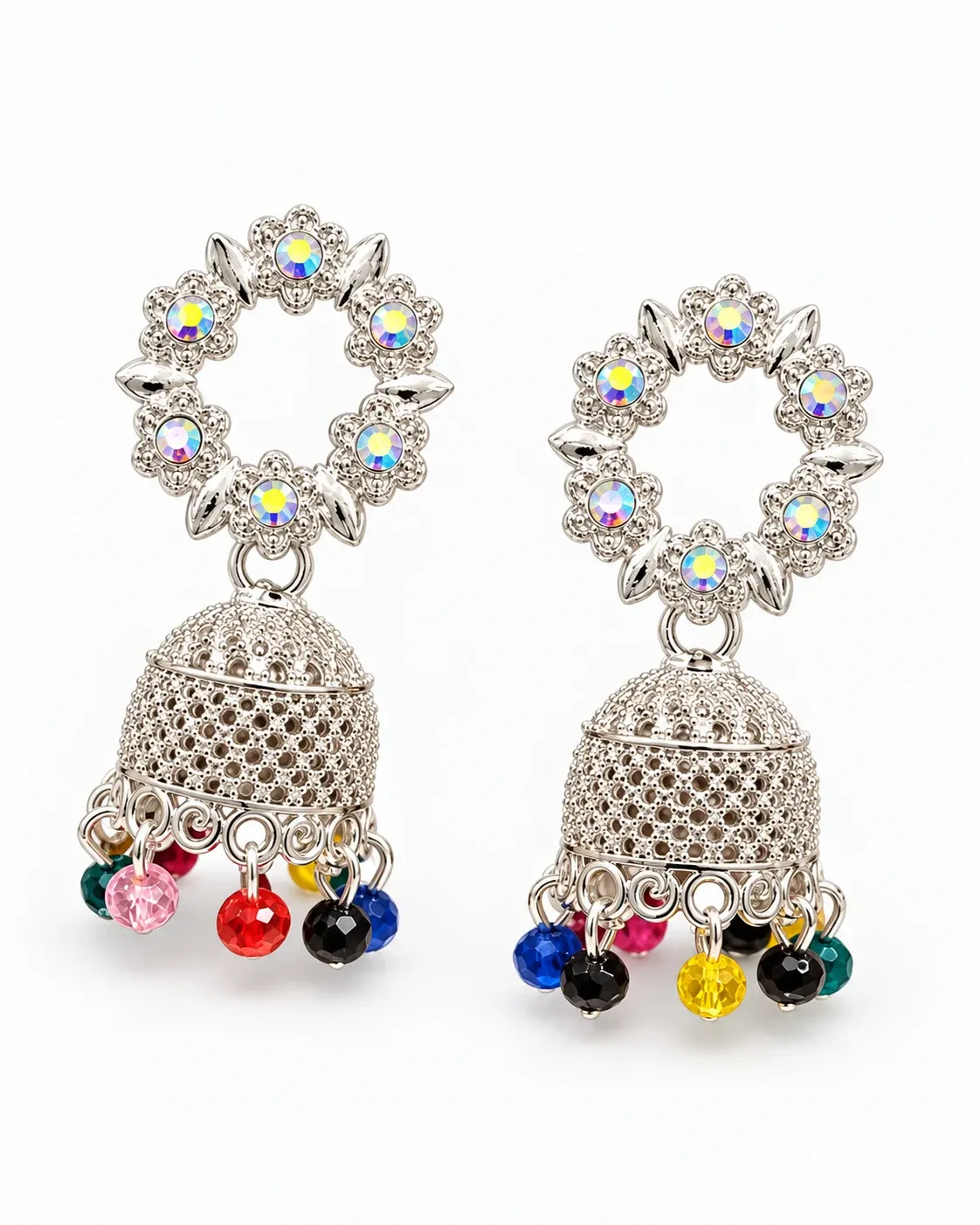 Silver Floral Jhumka Earrings for Women & Girls | Multicolor Beaded Party Wear Ethnic Earrings