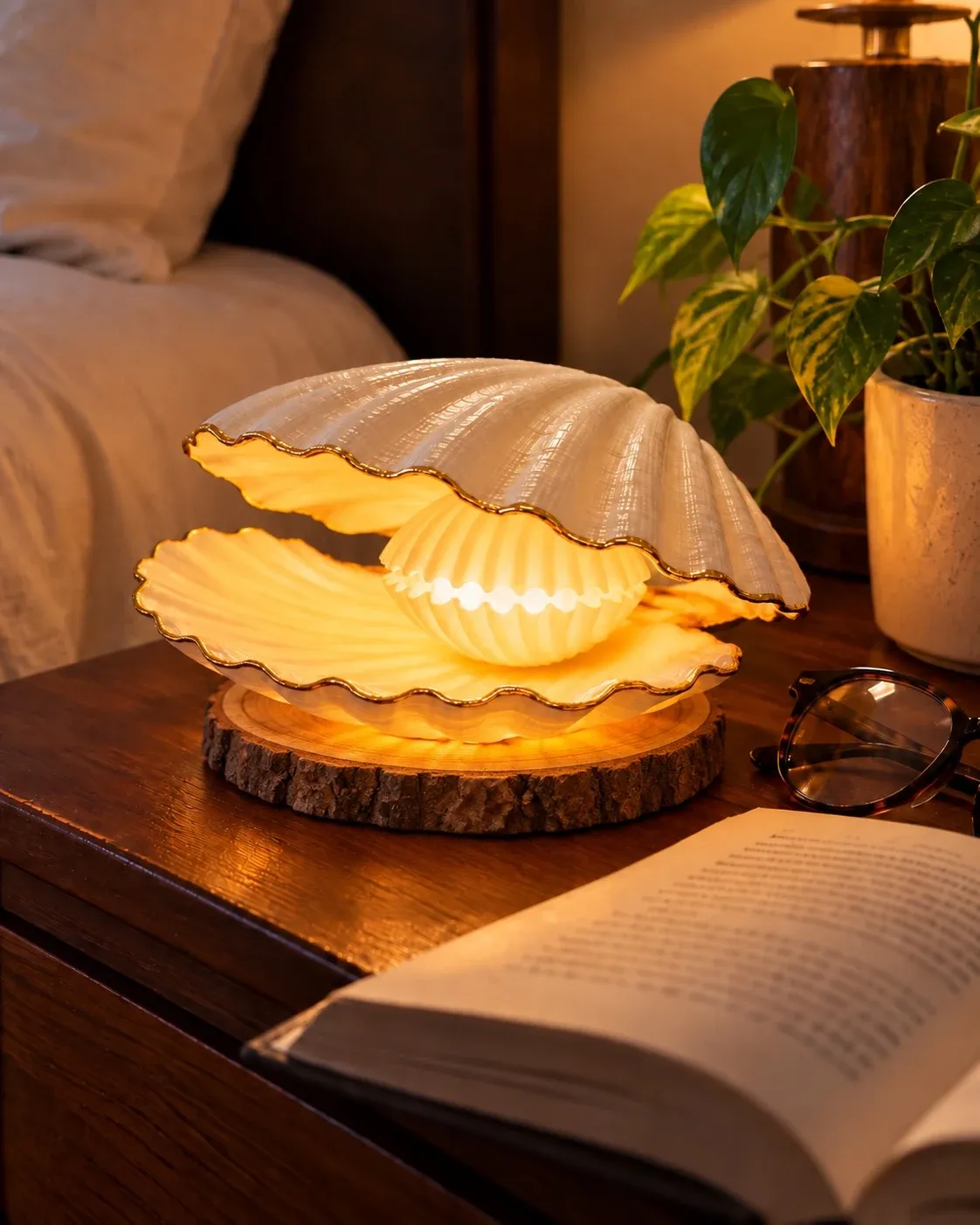 Real Seashell Table Lamp with Seashell Centre and Wooden Base